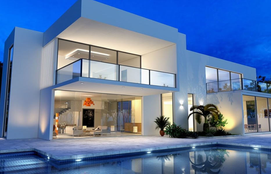 Modern custom home exterior with lighting in Scottsdale